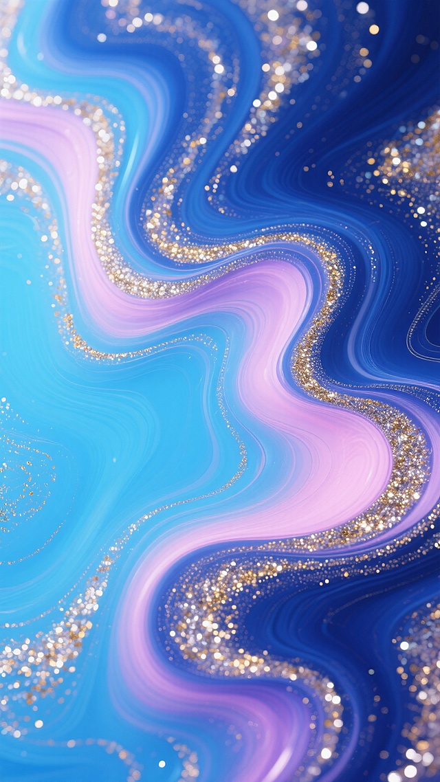 抽象流体艺术背景，以明亮的天蓝色和深邃的靛蓝色为主色调，融合梦幻的粉紫色渐变，呈现出流动感十足的波浪状纹理，整体覆盖细腻的金色和银色闪光颗粒，营造出奢华而神秘的氛围，色彩过渡自然柔和，光影层次丰富，充满动感与活力，适合作为背景使用。