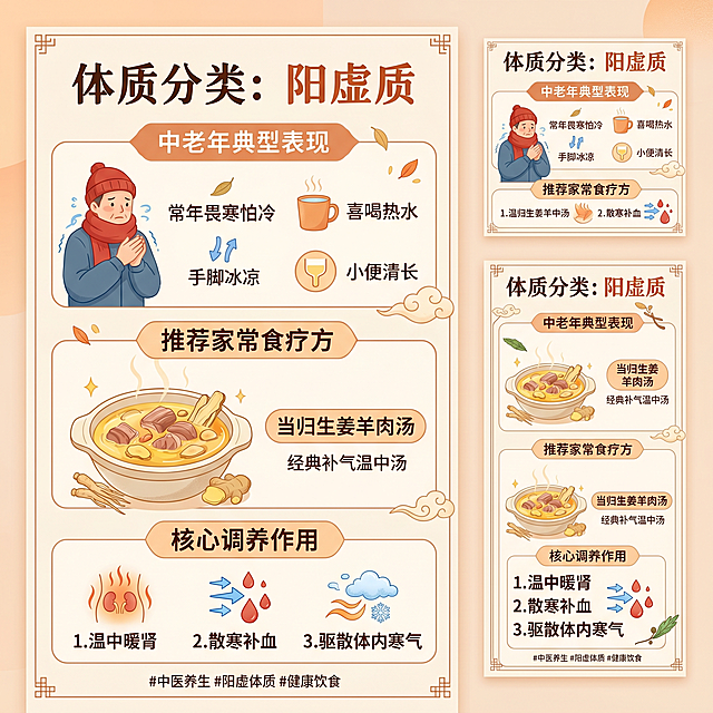 中医体质养生微信九宫格海报单张，主题：阳虚质，包含文案：体质分类：阳虚质，中老年典型表现：常年畏寒怕冷、手脚冰凉、喜喝热水、小便清长，推荐家常食疗方：当归生姜羊肉汤，核心调养作用：温中暖肾，散寒补血，驱散体内寒气，清新简约风格，暖色调养生设计，文字排版清晰