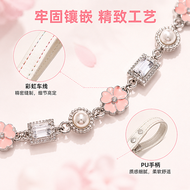 [主图-3] 「樱粉星芒」牵引绳工艺细节展示。
[氛围风格] 樱花少女轻奢风，和前两张主图风格色调完全统一；
[画质] 商业摄影质感、光线柔和通透、产品清晰真实、画面干净高级。
[元素] 画面中心是镶嵌部分的大特写，展示粉花、珍珠和长方钻的牢固镶嵌工艺，保持产品细节（物理结构、材质质感、颜色）与输入产品图绝对一致，杜绝任何变形和色差，精细化处理。画面角落搭配两个小画中画，分别展示彩虹车线缝线处和PU手柄的皮质细节，用细引线对应标注。商品主体突出，细节清晰。
[光影] 特写处光线集中柔和，突出镶嵌工艺的精致感，金属、钻石和珍珠的质感表达清晰，皮质纹理自然。
[配色] 主色调浅粉+米白+银灰，和整套主图保持统一。
[视角构图] 中心特写平视，浅淡纯色背景，整体干净突出细节，满屏无边框。
[文字版式] 顶部主标题"牢固镶嵌 精致工艺"，粉色粗体；每个细节标注用纤细引线配黑色小字，清晰不抢主体。
[比例分辨率] 1:1比例，4k分辨率，文字清晰可辨，超高清。
[负向提示词] 变形，水印，文字错乱，产品图模糊，背景杂乱，遮挡产品主体，色差，结构扭曲。