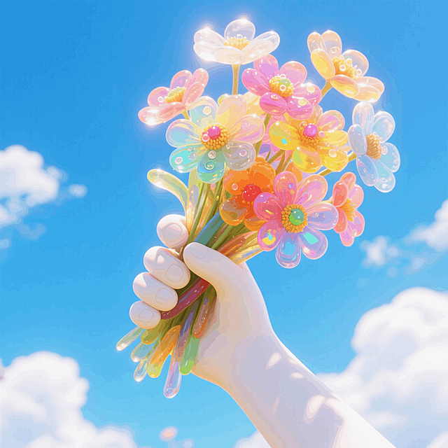 手举一大把格桑花，背景夏日的天空