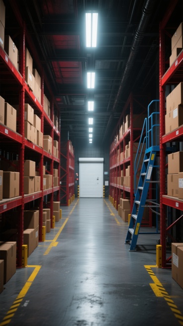 赛博朋克风格的工厂仓库内部，纵深的通道两侧是高耸的红色金属货架，上面整齐堆放着棕色纸箱，地面为灰色环氧地坪并画有黄色警示线，天花板悬挂着长条形冷白光LED灯，通道尽头有白色卷帘门，右侧放置着蓝色的移动登高梯，整体色调以红、黑、灰为主，光线呈现强烈的明暗对比，充满未来工业感，空气中弥漫着科技与机械的冷峻氛围。预览效果