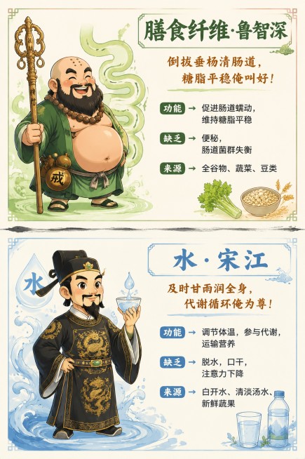 [第12屏] 膳食纤维·鲁智深 + 水·宋江 上下双科普卡。
[氛围/风格] 国风Q版双科普卡设计，延续整体风格，上下分区，信息清晰，生动有趣。
[元素布局] 上半屏：左侧Q版鲁智深立绘，保留鲁智深禅预览效果