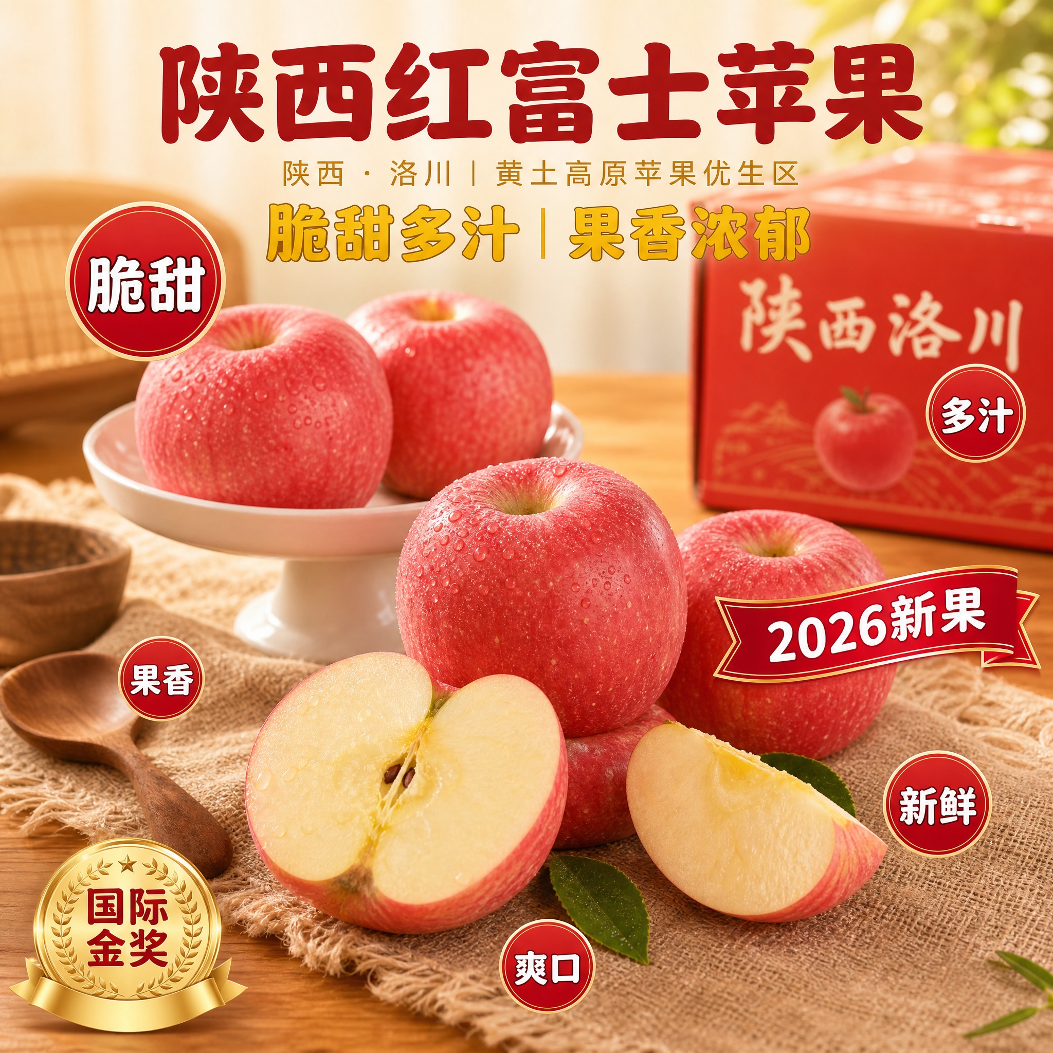 [主图-1] 陕西红富士苹果京东生鲜电商主图，厨房木台面场景，… - 图片创意预览