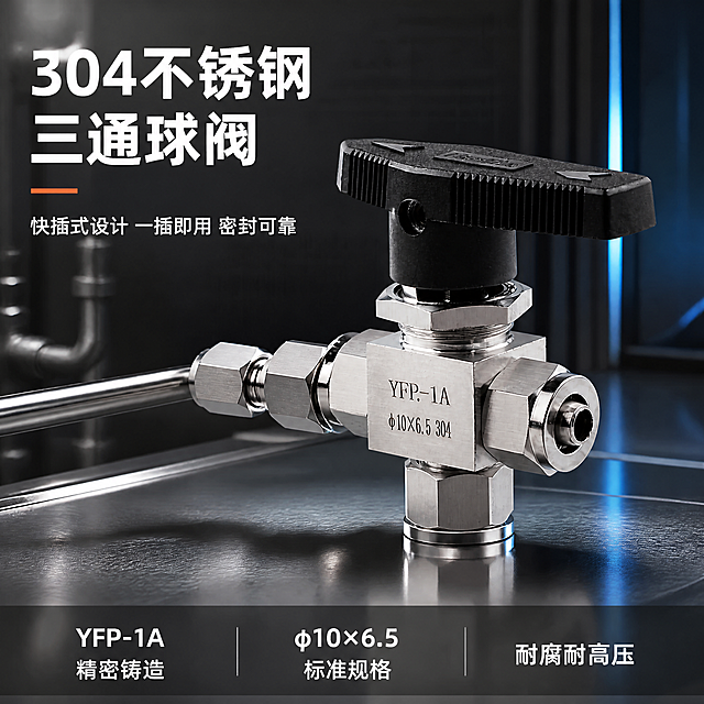 [第1张] 详情页头图主视觉-304不锈钢快插三通球阀工业场景海报。本张使用【图1】作为商品主体。
[氛围/风格] 工业冷灰科技风，硬朗专业质感，金属高光强烈，商业产品摄影质感。
[元素布局] 球阀主体位于画面右侧中部，45度斜侧视角，占比约55%，银色304不锈钢阀体，黑色旋钮手柄朝上，表面刻印YFP-1A φ10×6.5 304字样清晰。保持产品物理结构、材质质感、颜色与输入图完全一致，杜绝变形色差。背景为深灰色工业空间，左侧有金属气管路延伸入画面，连接球阀接口，气管走向自然。背景有细微工业网格纹理和冷蓝色光晕，营造科技感。底部为金属台面，球阀稳定放置，有自然倒影。
[光影质感] 左上45度硬光主光，打出锐利金属高光；右侧冷蓝色辅光补暗部；底部反光板提亮底部；光比较强，突出金属质感和工业硬朗气质，旋钮黑色哑光真实。
[配色色系] 全局底色 #2A2D33 深灰；主色不锈钢银灰 #C0C5CC；辅助色工业橙 #FF6B2C、冷蓝 #4A90D9、黑色旋钮。
[视角构图] 45度斜侧平视，产品在右，左侧标题区，阅读动线左上标题→右侧产品→底部信息条；景深中等，背景轻微虚化。
[文字版式] 左上区域主标题「304不锈钢三通球阀」，白色超大号粗体无衬线；副标题「快插式设计 一插即用 密封可靠」，浅灰色中号字。主标题下方橙色短横线装饰。底部通栏深灰色半透明条，白字三列：左「YFP-1A 精密铸造」、中「φ10×6.5 标准规格」、右「耐腐耐高压」。文字均不遮挡产品主体。
[比例分辨率] 3:4 竖版比例，4K 分辨率，文字清晰可辨，高清画质。
[负向提示词] 变形，水印，文字错乱，产品模糊，背景杂乱，结构错误，颜色偏差。