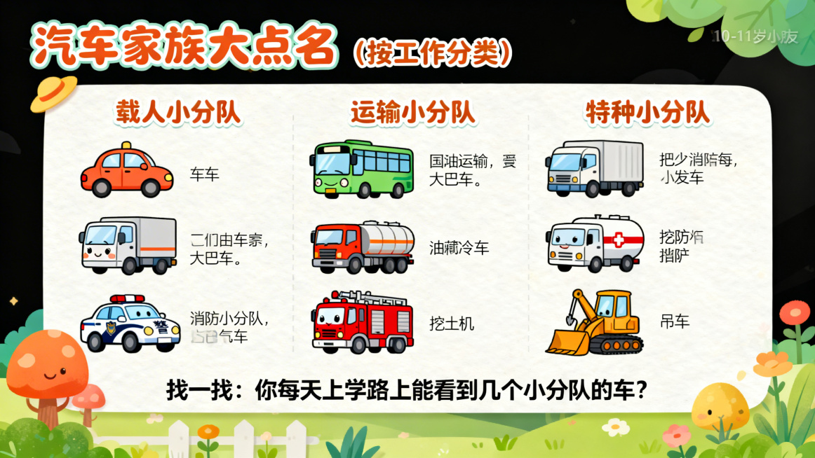 卡通风格PPT页面，主题是汽车家族大点名（按工作分类），分为载人小分队、运输小分队、特种小分队三个板块，每个板块配有对应车型的可爱卡通图标：载人小分队有小轿车、公交车、大巴车；运输小分队有货车、油罐车预览效果