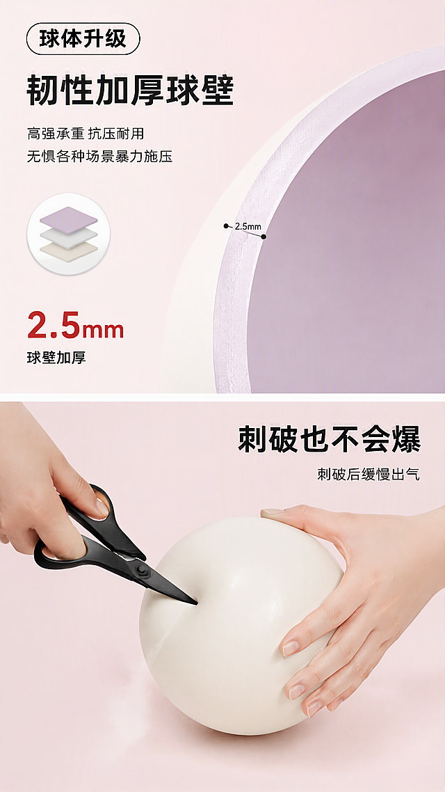[第6张] 加厚球壁细节与防爆测试页。本张使用【图3】奶白色普拉提小球作为产品主体，保留磨砂球形外观，去除品牌标识。
[氛围/风格] 功能测试风，真实实验感，可信专业，商业摄影质感。
[元素布局] 上下分栏布局；上半部分：淡紫色小球的剖面局部特写延续上一张风格，展示球壁厚度；下半部分：一只手拿着黑色剪刀正在刺向奶白色普拉提小球，另一只手扶住球体，小球被刺破但没有爆裂，呈现缓慢放气的安全状态；背景为浅粉渐变，柔和干净；顶部标题区。
[光影质感] 顶部柔光均匀打亮，剪刀和手部光影自然，球体被刺破处有细微凹陷表现，整体真实可信。
[配色色系] 全局底色 #F8E8EA 浅粉渐变；主色奶白/淡紫球体、黑色剪刀；辅助色黑色粗体标题、红色强调数字。
[视角构图] 上下两部分各占约50%，上半部分结构特写，下半部分测试场景，阅读动线顶部标题→上栏结构→下栏测试。
[文字版式] 顶部通栏：左侧圆角黑边胶囊标签「球体升级」，下方圆形三层图标；右侧大标题「韧性加厚球壁」，副标题三行小字「高强承重 抗压耐用」「无惧各种场景暴力施压」；左下角大红色数字「2.5mm」下方小字「球壁加厚」；下半部分右侧大标题「刺破也不会爆」，副标题「刺破后缓慢出气」；无品牌LOGO。
[比例分辨率] 9:16竖版比例，4K分辨率，文字清晰可辨，高清画质。
[负向提示词] 球体变形，颜色偏差，品牌LOGO，水印，文字错乱，手部畸形，结构错误。