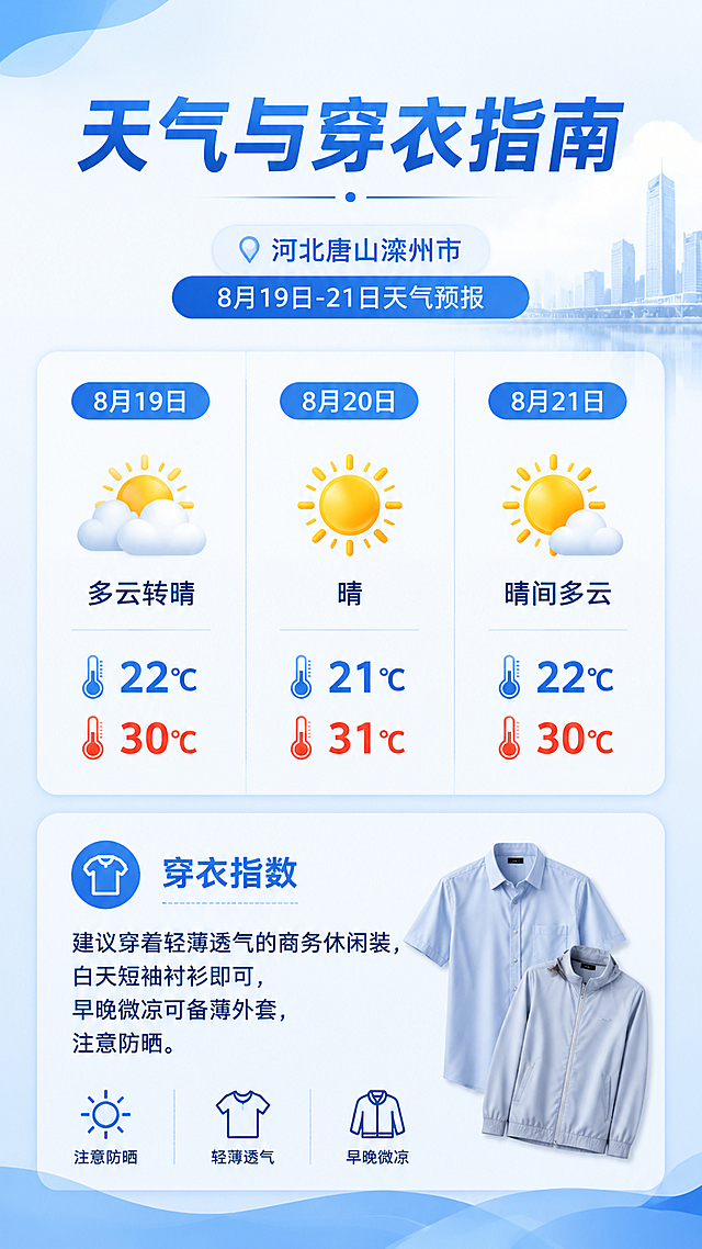 延续封面蓝白商务简约风格，竖版9:16，天气与穿衣指南页，标题"天气与穿衣指南"，河北唐山滦州市8月19日-21日天气预报：8月19日多云转晴 22℃-30℃，8月20日晴 21℃-31℃，8月21日晴间多云 22℃-30℃，穿衣指数：建议穿着轻薄透气的商务休闲装，白天短袖衬衫即可，早晚微凉可备薄外套，注意防晒，配天气图标和温度显示，清新蓝白调