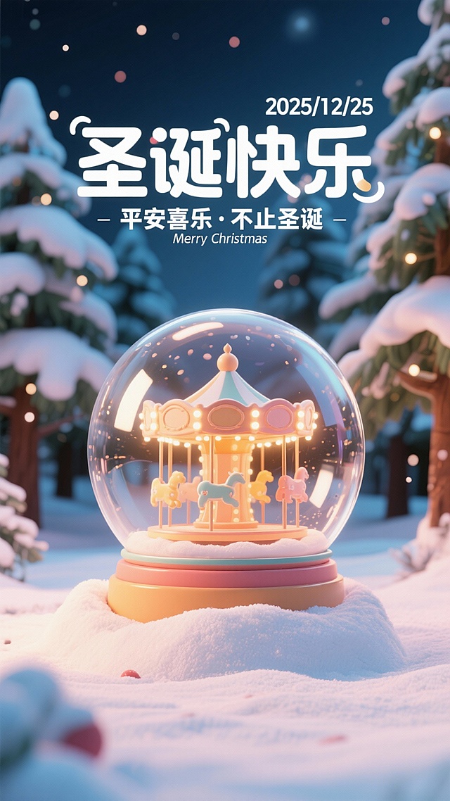 软3d风格，一个大的水晶球立在雪堆里，水晶球里面是旋转木马发着灯光，背景是森林里，树上堆着雪，视线聚焦在水晶球上，水晶球后面的树做模糊处理，时间是夜晚，oc渲染，主标题是圣诞快乐做成三维立体的，副标题是平安喜乐·不止圣诞，英文点缀Merry Christmas，右上角时间点缀2025/12/25，大师级排版，文案层次分明，高清画质，比例为9：16