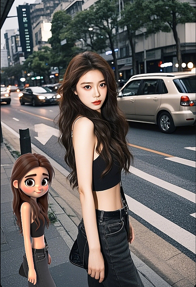 现代都市实景，2D&3D混搭风，虚拟现实与真人时尚潮流完美融合。