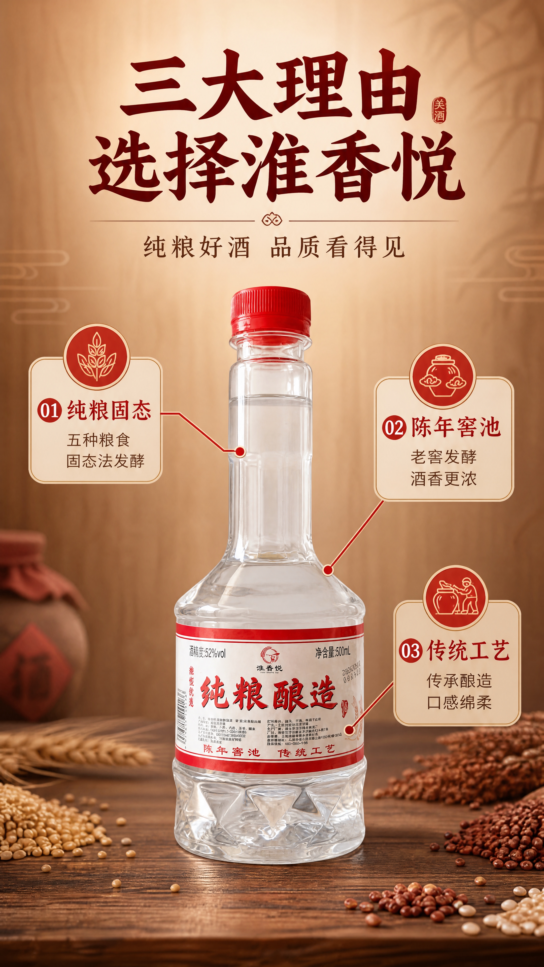 [商品] 使用【图1】淮香悦纯粮酿造白酒瓶；保留瓶身与标签原貌… - 图片创意预览