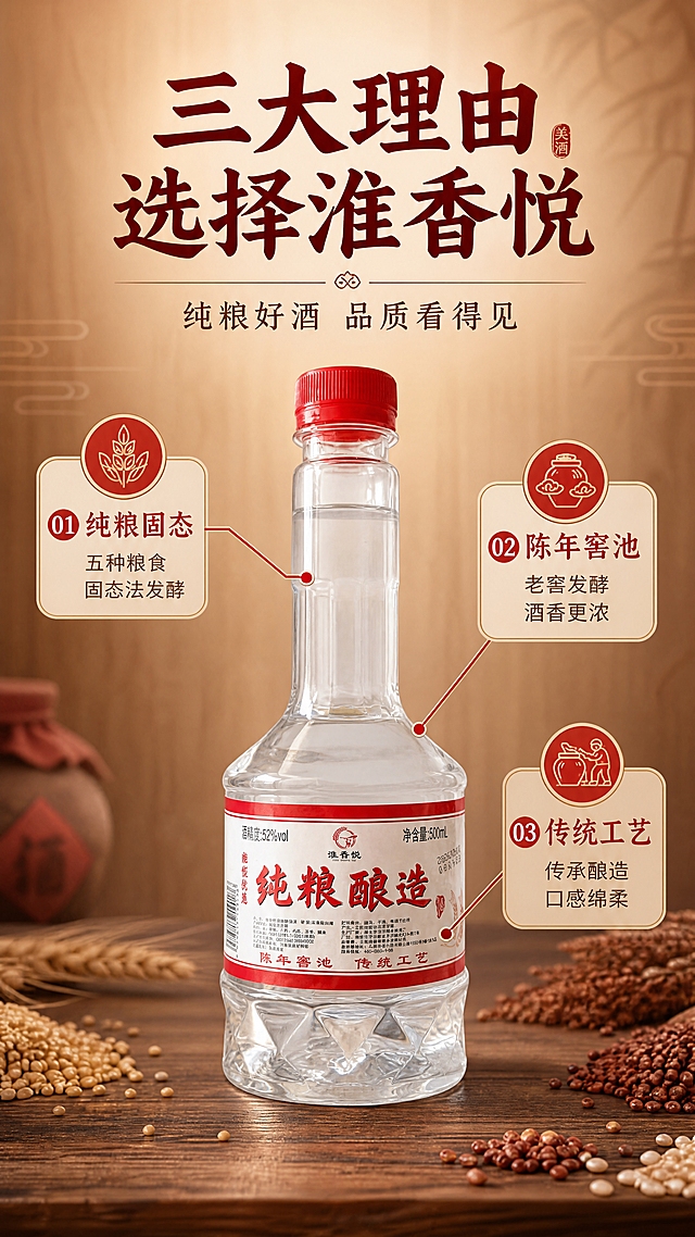 [商品] 使用【图1】淮香悦纯粮酿造白酒瓶；保留瓶身与标签原貌；产品居中放置，占画面约50%，标签正对观众。
[画面] 目标：三大核心理由卖点拆解，中心引线型版式。构图：产品居中，从瓶身不同位置向外引出3条引线，分别指向3个核心卖点说明；背景为简洁暖木色渐变+暗纹，底部有少量粮食颗粒点缀；整体干净有层次，突出产品与卖点信息。≥3层信息层级：产品主体、引线图标、卖点文字卡。
[视觉] 套系策略：风格=中式复古匠心商业摄影，暖调电影质感；标题字=中式书法宋体粗体，厚重有力；正文字=简洁黑体；主色=中国红+暖木棕；背景延展=基于暖木棕做深浅渐变、暗纹肌理、底部粮食点缀；强调色=中国红，用于引线端点icon和标签底；标题色=深酒红；正文色=深棕灰；组件=细线引线、圆形数字icon、圆角卖点卡；光影=正面均匀柔光，瓶身通透，整体明亮清晰。
[文字] 顶部主标题："三大理由 选择淮香悦"（9字），副标题："纯粮好酒 品质看得见"（10字）；中部3条引线分别连接3个卖点卡：①"纯粮固态"配说明"五种粮食 固态法发酵"；②"陈年窖池"配说明"老窖发酵 酒香更浓"；③"传统工艺"配说明"传承酿造 口感绵柔"；全部文字横排，不遮挡瓶身主标签，手机端可读。
[规格] 图片比例9:16竖版，4K，负向提示：避免变形、错字、文字过小、冷蓝背景、引线杂乱、瓶身比例失调。