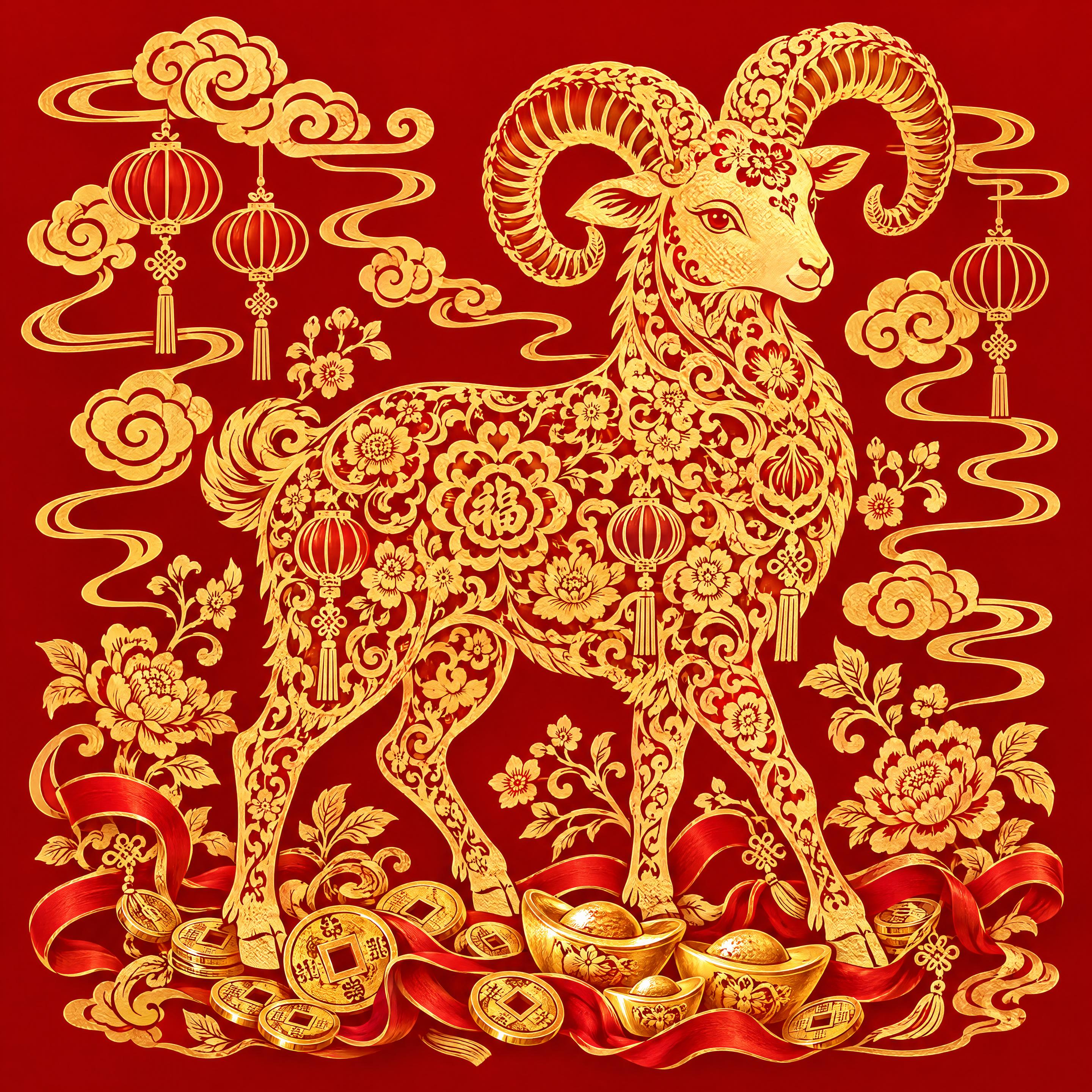 中国传统金色剪纸风格的生肖羊图案，羊的全身布满精致繁复的花卉、… - 图片创意预览
