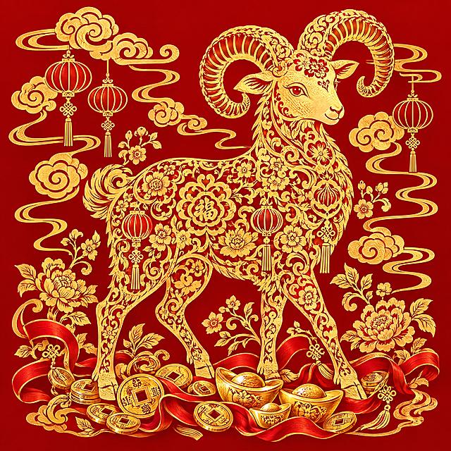 中国传统金色剪纸风格的生肖羊图案，羊的全身布满精致繁复的花卉、卷草、福字、灯笼等吉祥纹样，羊角弯曲有力，姿态优雅，整体为纯金色线条造型，细节完整清晰，周围环绕金色祥云纹样，下方搭配金元宝、古钱币、红绸带等招财元素，红色背景，高清细腻，适合作为包装图案使用，素材完整无文字，4K超清画质