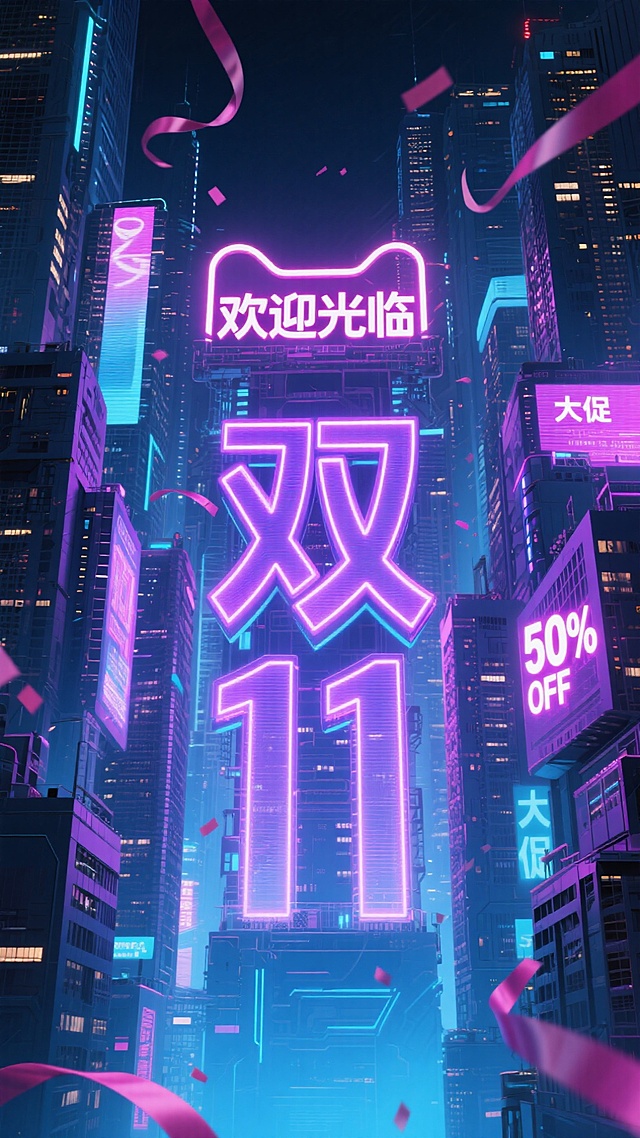 赛博朋克风格的未来城市夜景：发光的“双11”字形的机械大楼上方霓虹文字广告牌“欢迎光临”立在中间。高耸摩天楼布满密集，周围带有“大促”“50%OFF”等促销信息的霓虹招牌。紫、粉、蓝等鲜亮霓虹交织，搭配全息投影显示，繁华的科幻科技城市,上方有丝带飘落