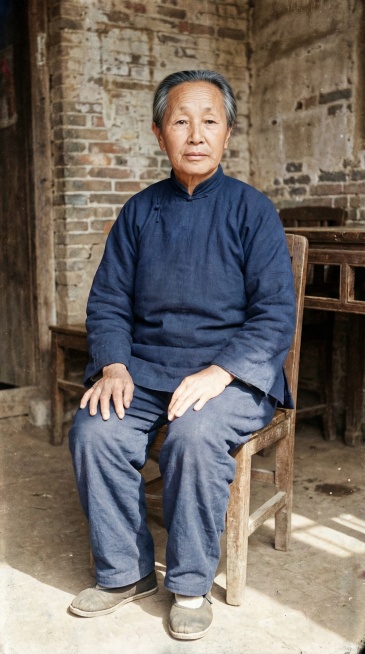 将这张黑白老照片变成自然彩色照片，保留原本人物相貌特征，按照那个时代的中式朴素着装风格，生成一张9:16比例的全身照片，画质为2K高清，保持真实老照片质感预览效果