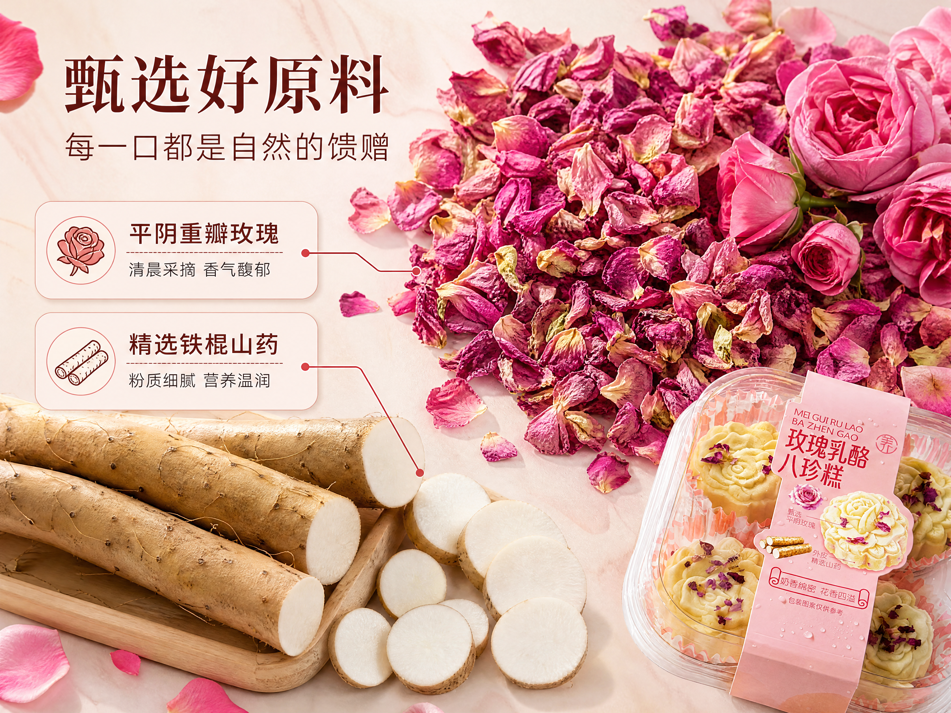 [商品] 使用【图1】玫瑰乳酪八珍糕产品；保留花形糕体、玫瑰花… - 图片创意预览
