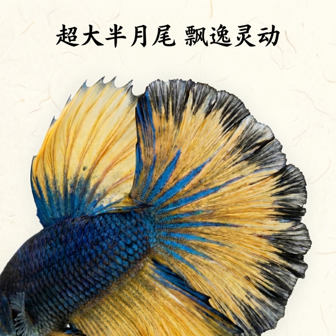 [主图 3] 尾鳍细节放大特写图
[氛围风格] 中国风，真实质感，细节突出
[画面元素] 商业摄影质感、光线柔和通透、产品清晰真实、画面干净高级。放大聚焦斗鱼的超大半月尾鳍，展示尾鳍的褶皱舒展纹理和渐预览效果