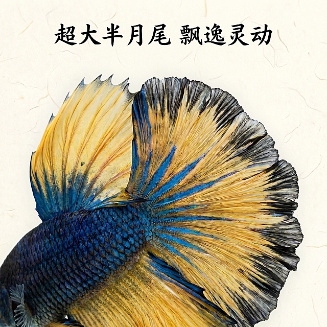 [主图 3] 尾鳍细节放大特写图
[氛围风格] 中国风，真实质感，细节突出
[画面元素] 商业摄影质感、光线柔和通透、产品清晰真实、画面干净高级。放大聚焦斗鱼的超大半月尾鳍，展示尾鳍的褶皱舒展纹理和渐变蓝黄花色细节，纹理层次清晰可见。背景保留浅米色宣纸纹理，中式简约留白。
[配色色系] 主色调：米白背景；突出尾鳍天然蓝金黄黑渐变色彩，还原真实色泽
[视角构图] 特写视角，尾鳍占据画面核心，景深适中，细节清晰
[文字版式] 顶部居中放置主标题 “超大半月尾 飘逸灵动”，黑色书法字体，不遮挡核心尾鳍细节，底部留白。
[比例分辨率] 1:1 比例，2k 分辨率；文字清晰可辨，超高清。
[负向提示词] 变形，水印，文字错乱，产品模糊，背景杂乱，过度锐化，色彩失真