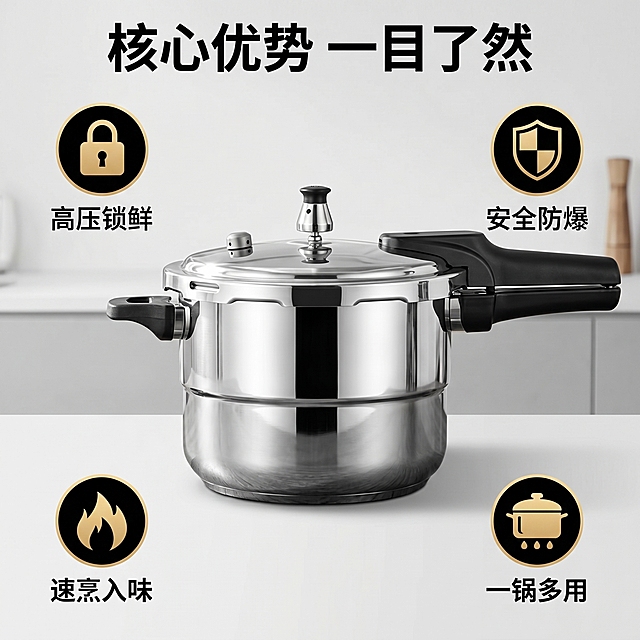[主图 2] 304不锈钢高压锅核心卖点展示。氛围风格：干净简约，对比清晰。画质：商业摄影质感，产品清晰真实，画面干净高级。元素：304不锈钢高压锅产品居中，周围环绕四个核心卖点图标，保持高压锅外观结构材质与原图一致，商品主体占比约60%。背景为干净浅灰色厨房墙面，整体简洁干净。光影：均匀柔和的棚拍光线，清晰突出产品和卖点。配色：主色浅灰，产品不锈钢银色，卖点图标黑金搭配。视角构图：平视居中，产品完整。文字版式：顶部大标题“核心优势 一目了然”，黑色粗体。四个卖点分区展示：左上「高压锁鲜」配锁型图标、右上「安全防爆」配盾牌图标、左下「速烹入味」配火焰图标、右下「一锅多用」配蒸锅图标，每个卖点图标+文字清晰对比，排版工整。文字不遮挡主体，层级分明。比例分辨率：1:1 比例，2k 分辨率，文字清晰可辨，超高清。负向提示词：变形，水印，文字错乱，产品图模糊，背景杂乱。
