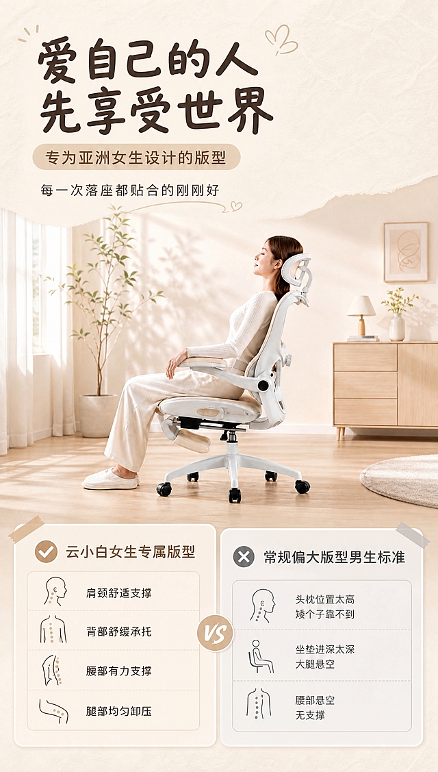 [商品] 使用奶油白人体工学椅产品图作为参考；保留白色塑料框架、米白色特网面料、6D双关节头枕、动态环抱腰靠、翻转扶手、伸缩脚托、白色五星脚、黑色滚轮的完整结构和颜色；左侧为女生专属版型坐姿侧视图，右侧为常规大版型坐姿侧视图。

[画面] 页面目标：强化女生专属版型不是噱头，是真正的尺寸适配。布局：顶部氛围感标题+副标题+正文，中部居家场景大图（女生坐在椅子上的侧视全景），底部双栏版型对比卡片。左侧卡片：云小白女生专属版型（浅卡其色底，对勾图标），列出4项优势；右侧卡片：常规偏大版型男生标准（浅灰色底，叉号图标），列出3项痛点。背景为奶杏米底色#F5EFE6叠加极浅宣纸纹理。

[视觉] 套系策略：风格=奶油治愈系女性向居家风；标题字=粗体圆润手写感柔黑体；正文字=常规无衬线字体；主色=奶杏米#F5EFE6；背景延展=基于奶杏米做深浅层级、同色渐变和细腻宣纸纸张质感；强调色=暖奶茶棕#C7A68C，仅用于小面积图标、引线、标签、数字强调和装饰线条；标题色=深咖棕#57483B；正文色=浅棕褐#867769；组件=全部模块卡片20px大圆角、拍立得白边相框、手绘手写装饰文字、虚线引导线、简约线性图标、浅阴影卡片；光影=窗边暖调柔光午后自然光，无冷白光、无生硬闪光灯阴影。

[文字] 主标题：爱自己的人 先享受世界；副标题：专为亚洲女生设计的版型；正文：每一次落座都贴合的刚刚好；左栏（带对勾）：云小白女生专属版型-肩颈舒适支撑、背部舒缓承托、腰部有力支撑、腿部均匀卸压；右栏（带叉号）：常规偏大版型男生标准-头枕位置太高矮个子靠不到、坐垫进深太深大腿悬空、腰部悬空无支撑。所有文字横向排版，内容区左右留边40px，行间距1.6倍。

[规格] 图片比例9:16竖版，4K，避免变形、错字、文字过小、冷蓝/蓝灰背景、产品颜色改变、结构失真、绝对化用语、电商平台Logo水印。