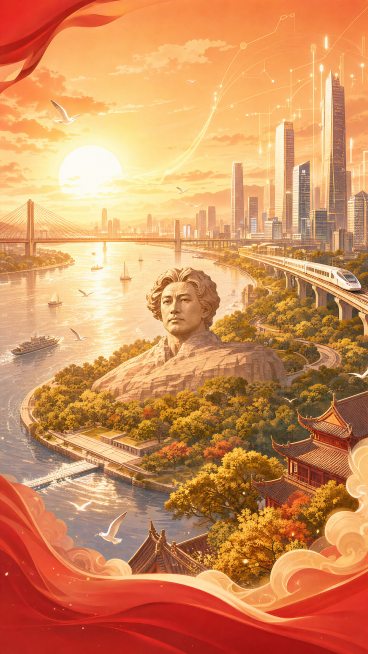 红色文化公益海报插画，橘子洲头地标自然景观占画面主体位置，伟人雕像坐落其中，周边环绕体现城市高速发展的科技元素和现代建设成果，点缀少量开福寺传统古建筑特征，主色调红黄配色，颜色素雅明快，插画风格预览效果