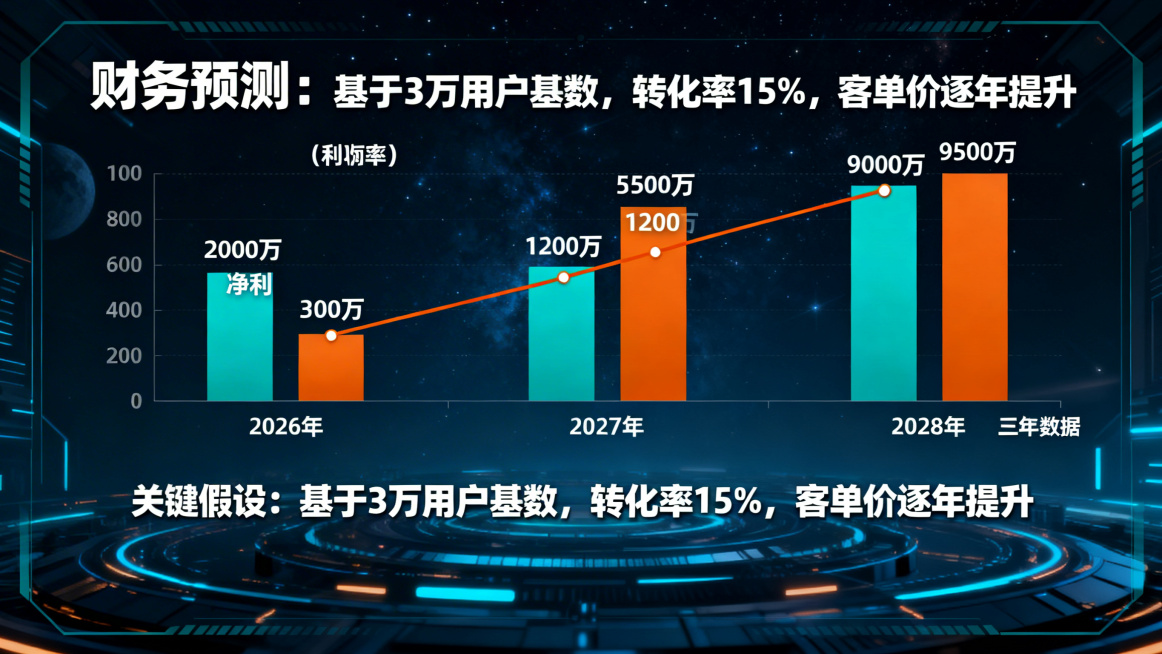 科技未来感结合教育严谨性风格PPT财务预测页，主色调深空蓝、科技青搭配活力橙，采用柱状图（营收）+折线图（利润率）布局，展示三年数据：2026年营收2000万净利300万，2027年营收5500万净利预览效果
