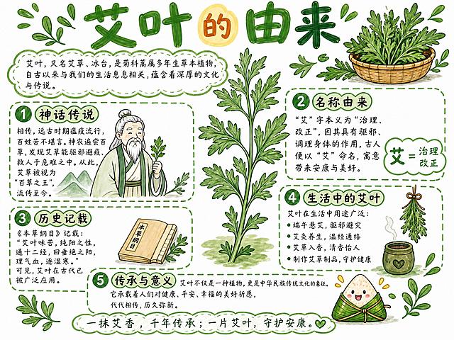 参考参考图的马克笔手绘风格，制作横版艾叶的由来主题手抄报，白底绿色主色调，保留原竖版手抄报的全部文字内容：标题'艾叶的由来'，介绍艾叶基本信息，分五个模块：1神话传说、2名称由来、3历史记载、4生活中的艾叶、5传承与意义，保留所有手绘插图包括整株艾叶、竹篮艾叶、神农、本草纲目、艾灸、粽子等元素，横版排版，保持马克笔手绘风格，白色背景