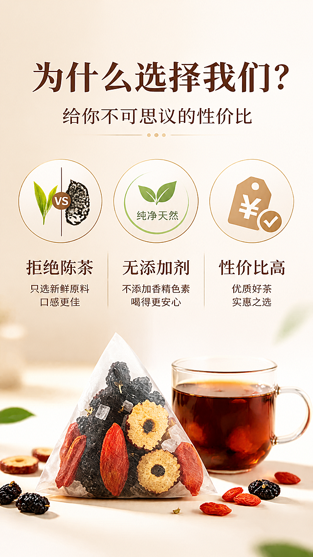 电商详情页第四屏，9:16竖版，淘宝天猫风格。顶部主标题大字："为什么选择我们？"，副标题："给你不可思议的性价比"。下方三个图标横向排列，每个图标配文字：第一个图标配"拒绝陈茶"（图案为新鲜茶叶与陈茶对比），第二个图标配"无添加剂"（图案为纯净天然标志），第三个图标配"性价比高"（图案为价格标签与对勾）。背景暖色调，图标精致简约，整体排版对称美观，专业可信。