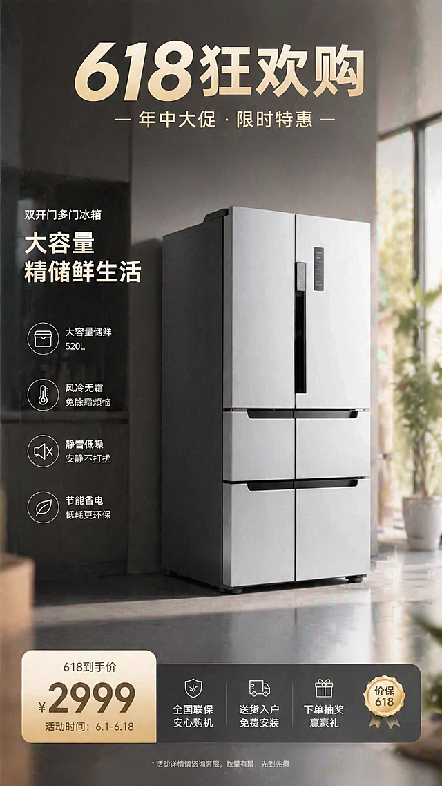 618商业营销海报，展示这款双开门冰箱，包含精简商品信息图元素，高质感高级配色，f/2.8拍摄，柔和景深，照片写实风格，无畸变，整体设计简约高级，突出产品质感，适合618促销