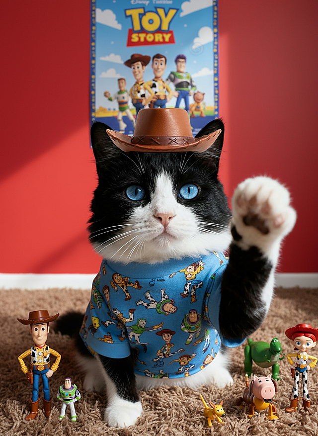 可爱猫咪化身牛仔，卡通拟人风设计，童趣十足。