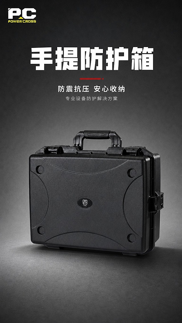 [商品] 使用【图1】黑色手提防护箱正面图；严格保留黑色硬壳箱体、顶部提手、正面脚垫、PC POWER CROSS Logo（左上角）、产品外观、颜色、结构、光影和材质质感完全不变，不重画产品，不生成新产品图，不裁切主体。
[画面] 首屏海报图；箱体居中偏下摆放，微仰视角度，产品占画面约50%；深炭灰渐变细腻颗粒背景，上深下浅；画面上方约1/3区域为标题区；产品左前方柔光照射，底部有自然柔和的投影；整体简洁大气，工业风高级质感。
[视觉] 套系策略：风格=简约工业风，商业摄影柔光质感；标题字=粗黑体，硬朗有力；正文字=无衬线黑体；主色=深炭黑+深灰；背景延展=深灰渐变细腻颗粒质感；强调色=锁扣红（仅用于标题装饰线点缀）；标题色=白色；正文色=浅灰色；组件=简洁文字排版、细装饰线；光影=左前侧柔光，底部自然投影，产品边缘清晰。
[文字] 画面上方居中大标题「手提防护箱」（白色粗体超大字号）；大标题下方一条短红色细装饰线；装饰线下方副标题「防震抗压 安心收纳」（白色中字号）；副标题下方小字「专业设备防护解决方案」（浅灰色小字号）；全部文字横向排版居中对齐，不遮挡箱体主体。
[规格] 图片比例9:16竖版，4K，避免产品变形、花哨装饰、文字过小、颜色偏差、重画产品、卡通风格、杂乱元素。