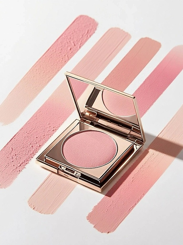 主体放置在中心，主题背后有四组粉状腮红垂直排列（浅粉到蜜桃粉渐变 ），每组倾斜，模拟手指涂抹腮红痕迹，纯净白色背景，均匀光影凸显粉体颗粒堆积、刷痕色彩过渡，借微距视角传递“粉质细腻、显色柔和”