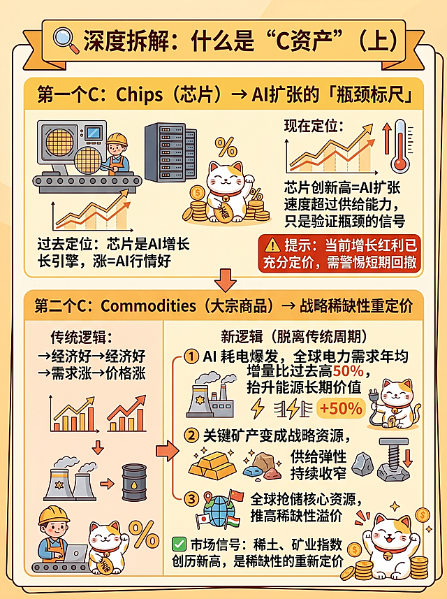 小红书理财知识卡片信息图，卡通风格金融主题信息图，竖向分栏流程图布局，暖色调黄橙红色系，图文结合，包含卡通人物、金融图表、百分比符号、招财猫图标，箭头连接模块，重点数据高亮，清晰信息层级，扁平化设计，可爱生动，高可读性，专业金融信息可视化设计，整体风格与参考图统一。标题：🔍 深度拆解：什么是“C资产”（上）。第一个C：Chips（芯片）→ AI扩张的「瓶颈标尺」。过去定位：芯片是AI增长引擎，涨=AI行情好。现在定位：芯片创新高=AI扩张速度超过供给能力，只是验证瓶颈的信号。⚠️ 提示：当前增长红利已充分定价，需警惕短期回撤。第二个C：Commodities（大宗商品）→ 战略稀缺性重定价。传统逻辑：经济好→需求涨→价格涨。新逻辑（脱离传统周期）：① AI耗电爆发，全球电力需求年均增量比过去高50%，抬升能源长期价值；② 关键矿产变成战略资源，供给弹性持续收窄；③ 全球抢储核心资源，推高稀缺性溢价。✅ 市场信号：稀土、矿业指数创历史新高，是稀缺性的重新定价