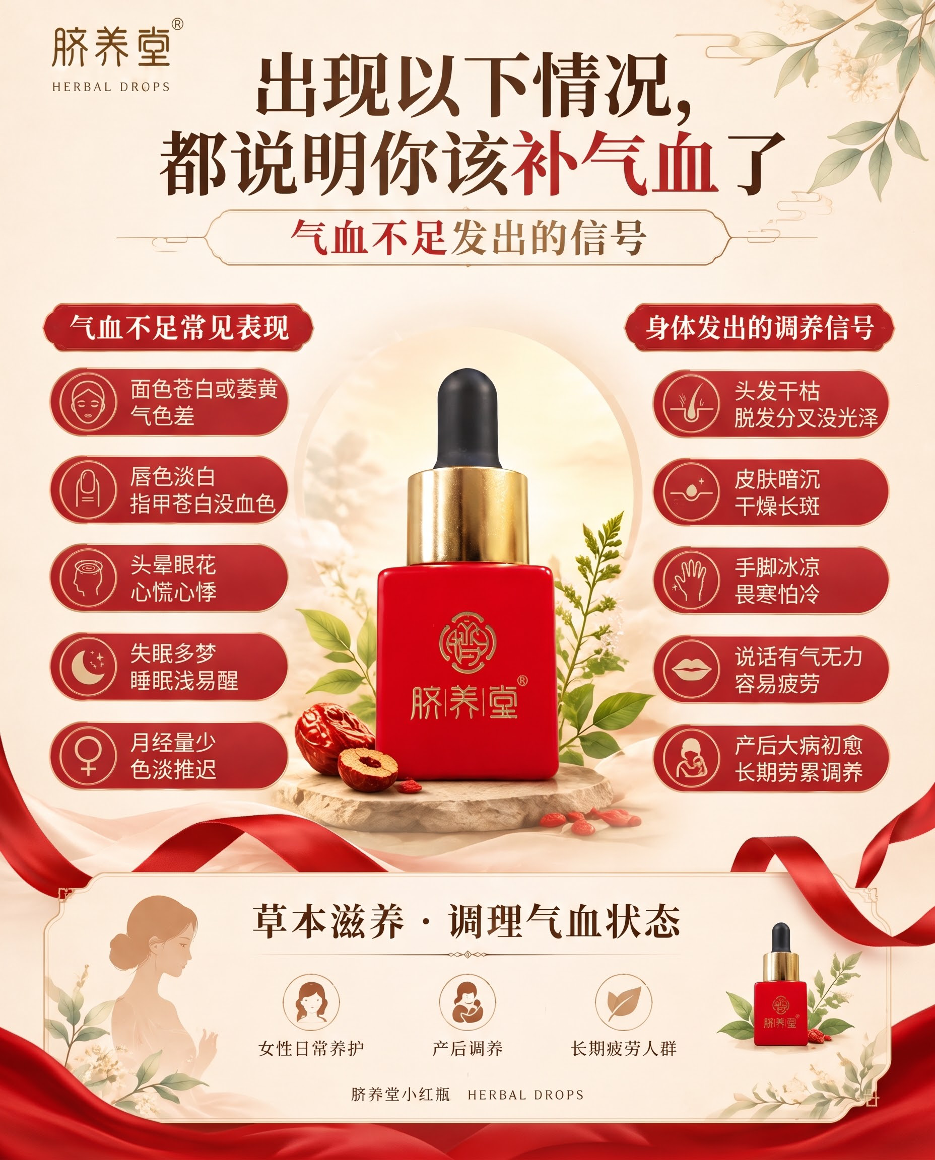 参考图1的版式构图风格，生成一张补气血主题的养生产品海报，整体… - 图片创意预览