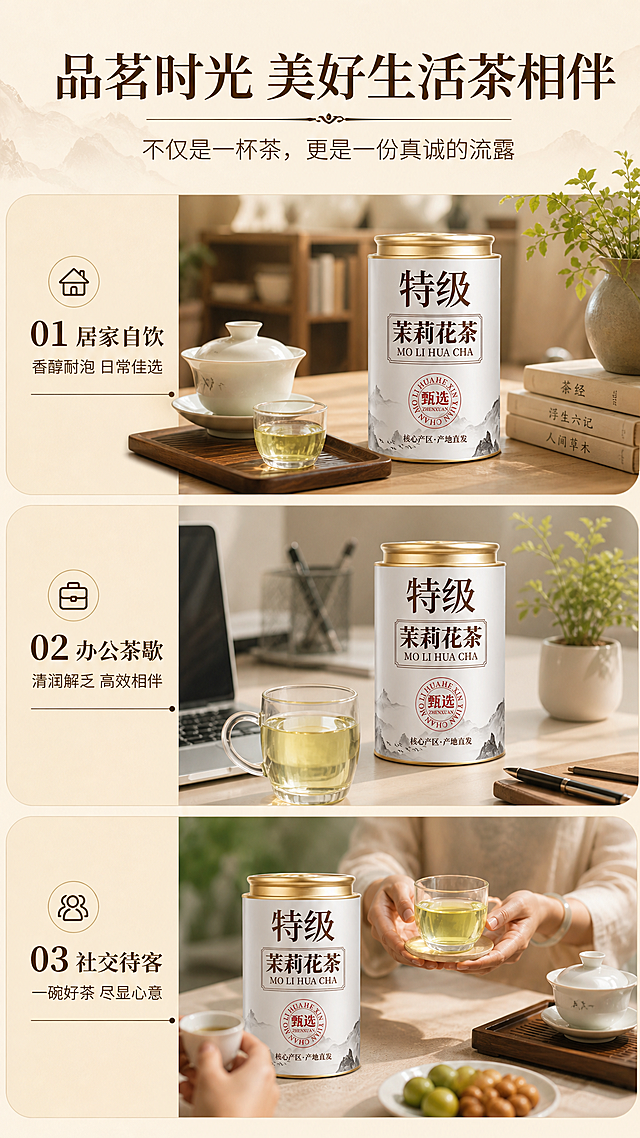 [商品] 使用【图1】特级茉莉花茶白色金盖罐装；保留罐体结构、金色盖底、"特级""茉莉花茶""MO LI HUA CHA""甄选""核心产区·产地直发"红色印章及山水图案等所有包装文字与图案；三个场景中罐体均保持原貌。
[画面] 目标：三大饮茶场景种草，品茗时光美好生活茶相伴。构图：顶部标题+副标题，下方三段式竖拼场景卡片，每段左侧编号与场景说明，右侧产品与场景融合；分别为01居家自饮（茶具书房场景）、02办公茶歇（办公桌电脑场景）、03社交待客（会客茶桌场景）。前中后景：每段独立场景，前景产品与茶杯、中景人物动作/桌面道具、后景环境虚化。
[视觉] 套系策略：风格=新中式清雅商业摄影；标题字=宋体衬线粗体；正文字=简洁无衬线体；主色=低饱和度浅黄色（米杏奶黄）；背景延展=基于低饱和浅黄做深浅层级、同色渐变和细腻宣纸/云雾质感；强调色=深棕褐色，仅用于小面积图标、引线和标签；标题色=深棕褐色；正文色=中暖褐色；组件=圆角浅黄信息卡、细线引线、圆形icon底；光影=左前侧暖柔光，柔和自然。
[文字] 顶部主标题"品茗时光 美好生活茶相伴"，副标题"不仅是一杯茶，更是一份真诚的流露"；每段左侧横排编号+场景名+短句说明；所有文字横排，字号清晰，手机端可读，不遮挡罐体正面。
[规格] 图片比例9:16竖版，分辨率2K，避免变形、错字、文字过小、冷蓝/蓝灰背景、罐体颜色改变、包装文字错乱。
