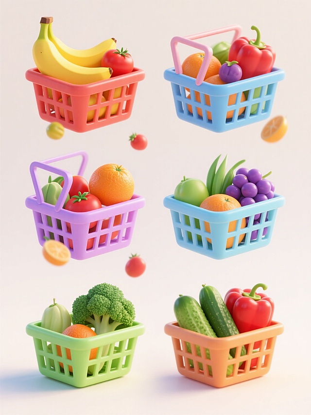 6个不同配色、不同排版样式的3D购物篮元素，每个购物篮均为塑料材质，具有光滑表面和镂空网格纹理，装满色彩鲜艳的水果和蔬菜，水果包括黄色香蕉、红色番茄、橙色橙子、紫色葡萄，蔬菜包括绿色西兰花、黄瓜、红色甜椒，部分蔬果从篮中溢出，悬浮在篮子周围，整体呈现明亮活泼的氛围，上下两行对齐排列，背景为浅色，光线柔和，高光清晰，阴影自然，具有立体感和真实质感。