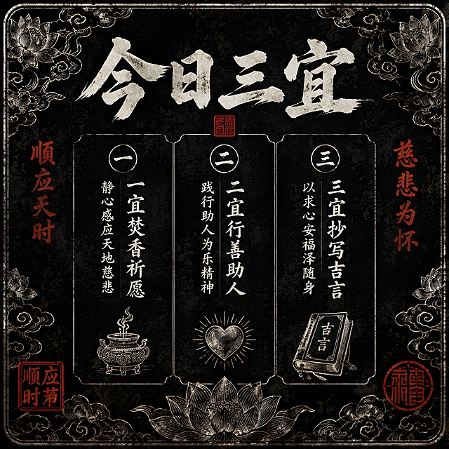 元成节电商主图，1:1正方形，淘宝天猫平台。新中式国风黑底做旧风格：深黑色做旧纹理底色、烫银线描祥云瑞兽暗纹、白色毛笔书法大字、朱砂红印章、朱砂红手写小字批注、白色圆角边框分栏布局、斑驳做旧印刷质感、融合烫银工艺。画面主体：今日宜做三件小事主题，上方大字“今日三宜”，下方分三栏竖排文字：“一宜焚香祈愿 静心感应天地慈悲”“二宜行善助人 践行助人为乐精神”“三宜抄写吉言 以求心安福泽随身”，每栏旁配烫银线描小图标（香炉、爱心、经书）。四周烫银线描莲花祥云纹装饰边框。左右两侧朱砂红小字批注“顺应天时”“慈悲为怀”。角落有朱砂红“顺应时节”印章、朱砂红圆形印章。整体色调为黑底+烫银莲花纹+白色书法大字+朱砂红印章点缀，庄严肃穆，黑色国风烫银质感，商品主图视觉，布局均衡。
