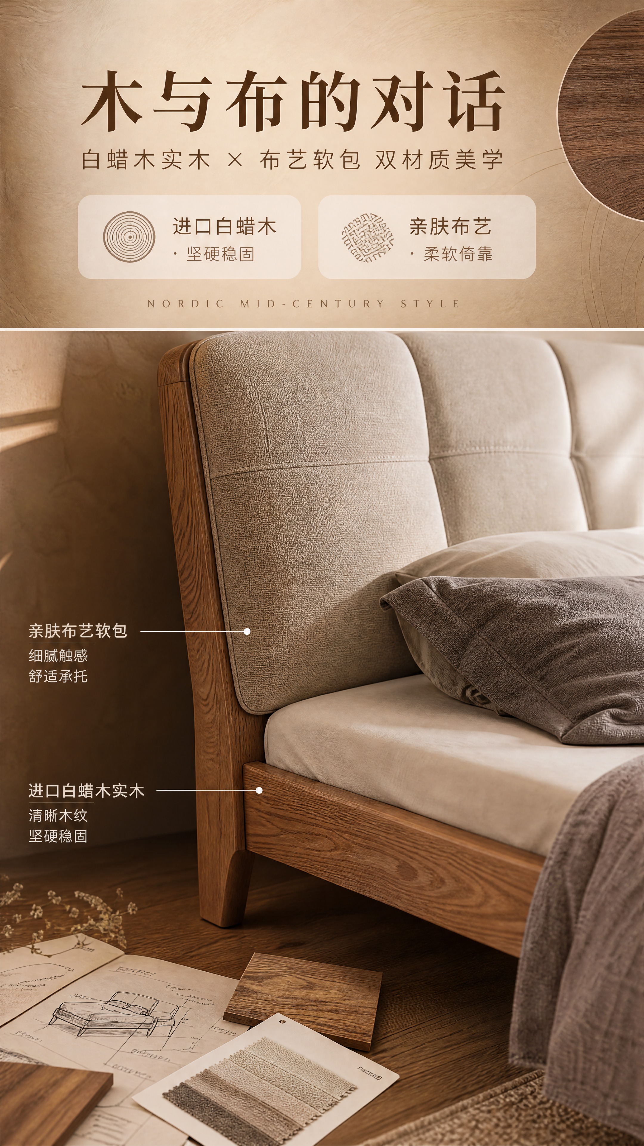 [商品] 使用【图1】白蜡木布艺软包双人床；保留胡桃木色白蜡木… - 图片创意预览