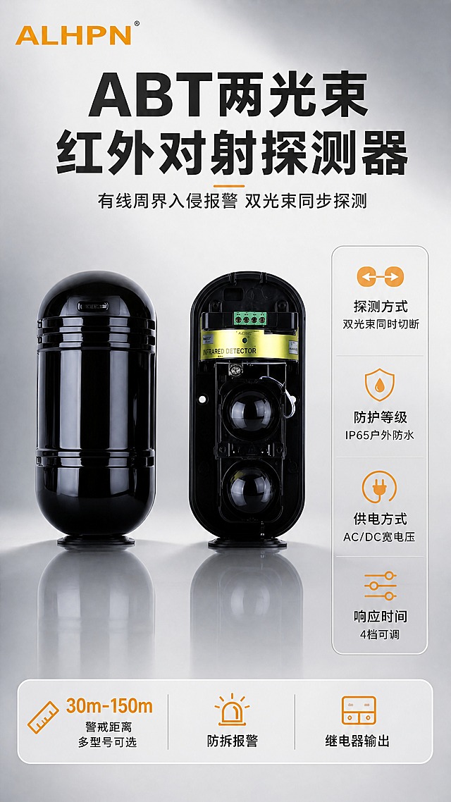 [商品] 使用【图1】ABT两光束有线普通对射探测器（含投光器与受光器一对）；严格保留产品黑色圆柱形外壳、双透镜结构、顶部指示灯、底部底座、所有比例与外观细节，不扭曲不变形不改色；产品真实功能方向为红外对射周界探测。左上角放置【图2】ALHPN橙色品牌Logo。
[画面] 目标：专业头图，大气展示产品全貌并凸显产品名称。构图：左上方Logo，中上大标题区，中部偏左产品主体（投光器受光器并排展示，占画面约55%），右侧竖向参数信息栏，底部核心参数横条区；阅读动线从上到下、从左到右。背景：浅灰到中灰柔和渐变棚拍背景，带细腻反光地面，柔和棚拍光从左前上方打光，产品底部有自然投影。
[视觉] 套系策略：风格=报警行业专业克制高级商业棚拍；标题字=粗黑体厚重有力；正文字=简洁无衬线黑体；主色=深灰/炭黑（产品色）；背景延展=浅灰到中灰柔和渐变棚拍背景，同色系深浅层级；强调色=警示橙/ALHPN品牌橙，仅用于小面积图标、引线、标签、重点参数高亮；标题色=深炭灰；正文色=中深灰；组件=细线信息框、圆角参数卡、橙色引线标注；光影=左前侧柔和棚拍光，产品立体感强，背景均匀不抢戏。
[文字] 主标题：ABT两光束红外对射探测器（大字号凸显，位于中上偏右）；副标题：有线周界入侵报警 双光束同步探测；右侧参数栏（竖向排列4项）：探测方式=双光束同时切断、防护等级=IP65户外防水、供电方式=AC/DC宽电压、响应时间=4档可调；底部核心参数横条：警戒距离30m-150m多型号可选 / 防拆报警 / 继电器输出。所有文字横排，不遮挡产品主体关键部位。
[规格] 比例9:16竖版，分辨率4K，quality=medium；负向提示：避免产品变形扭曲、颜色改变、缺件错件、深色纯黑背景、过于彩色花哨、文字竖排斜排、文字过小、极限词、水印、二维码。