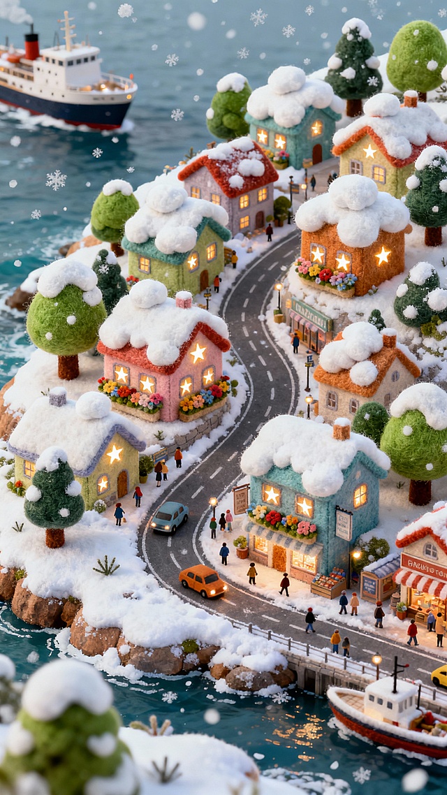 梦幻雪镇，微缩粘土风3D场景，温馨灯光点亮冬日童话，卡通感十足，节日氛围浓厚。