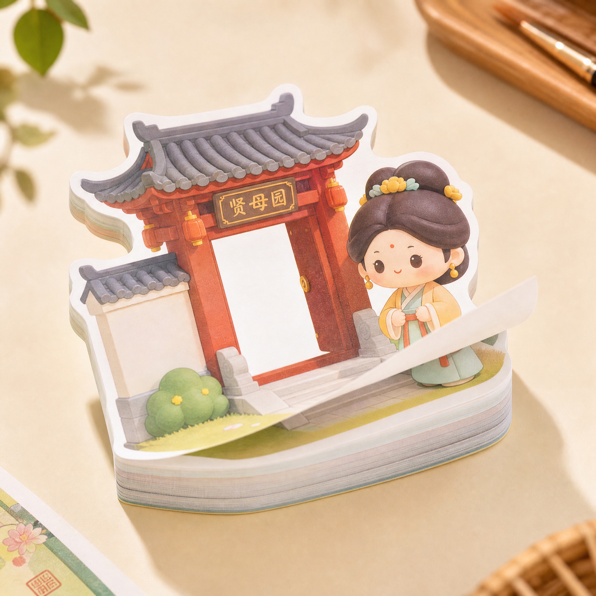 产品摄影图，一叠造型便利贴N次贴，便利贴是贤母园门楼和Q版古风… - 图片创意预览
