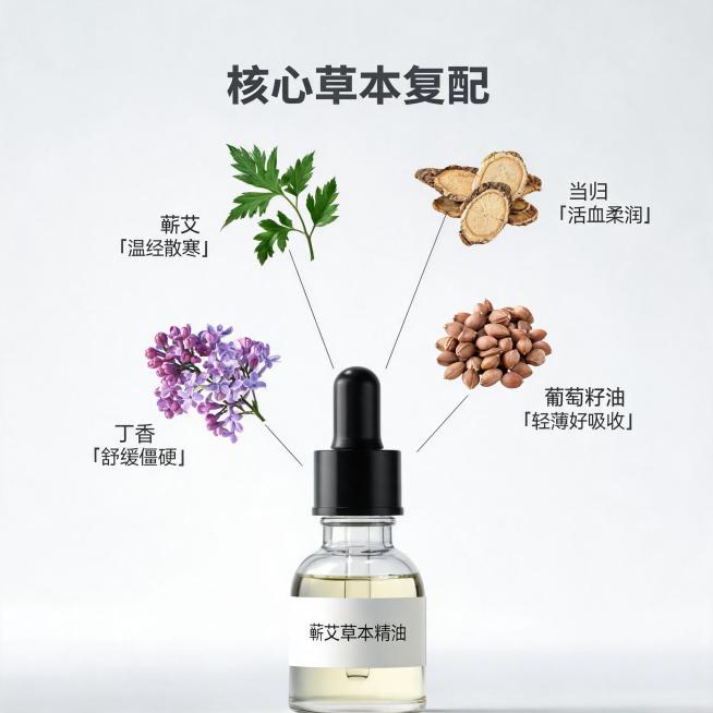 [主图-2] 蕲艾草本精油核心成分解析图
[氛围风格] 纯净科技感，成分可视化，通透亮调
[画质] 超写实渲染，C4D产品渲染风格，Octane渲染，物理级渲染，清晰高级
[元素] 产品置于底部居中，预览效果