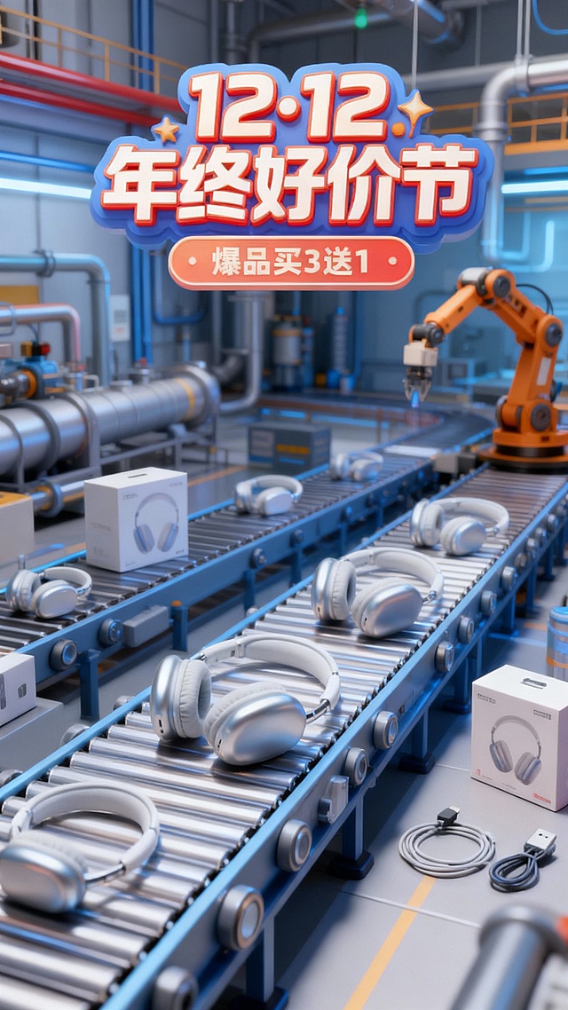 科技感工业风3D场景，金属质感流水线搭配霓虹灯效，重拟物风格呈现未来感工厂，12·12年终好价节主题突出，视觉冲击力强。