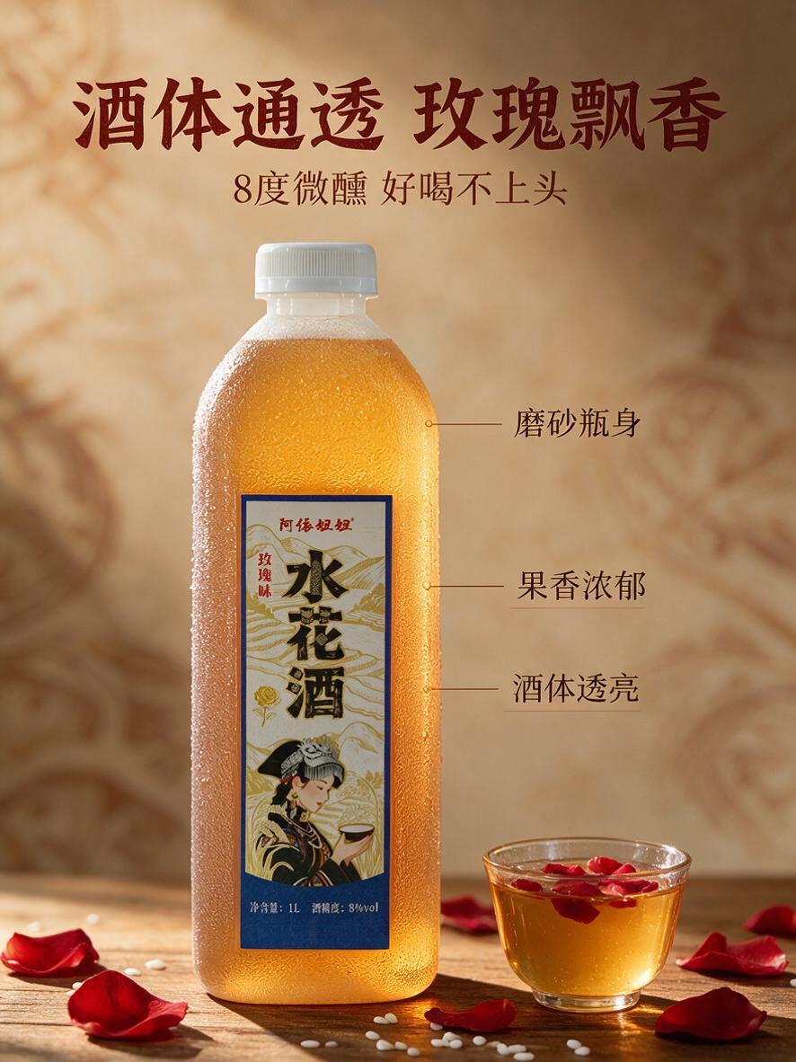 [商品] 使用产品图阿依妞妞玫瑰味水花酒，透明磨砂塑料瓶白色瓶… - 图片创意预览