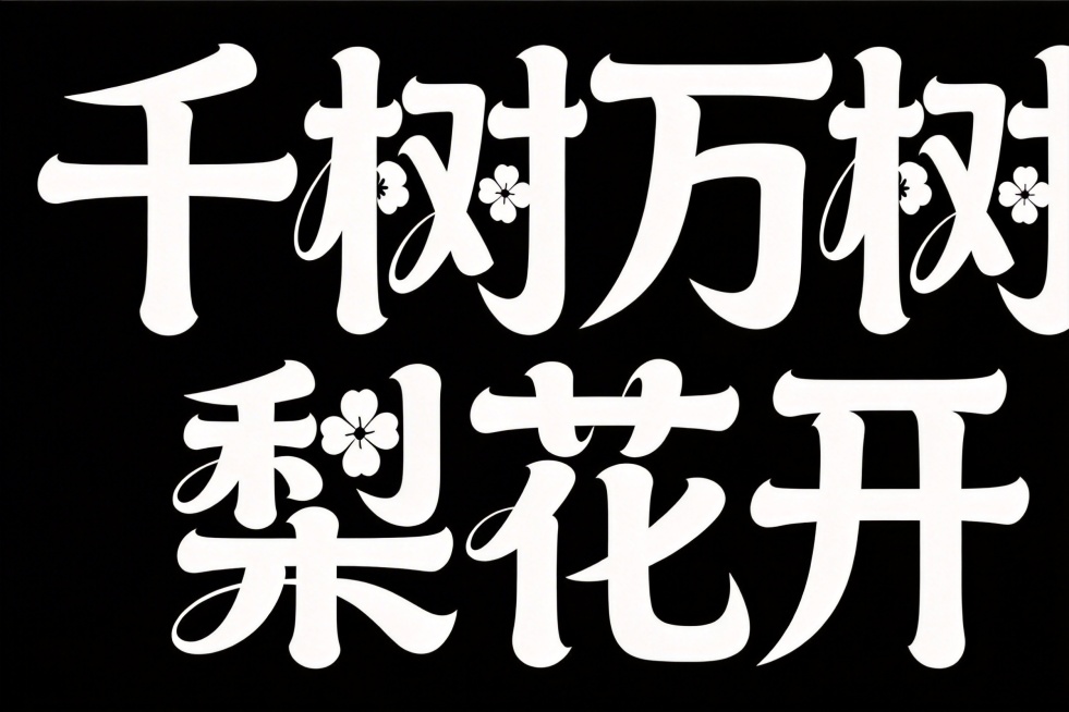 字体设计，横向单排文字"千树万树梨花开"，白字，纯黑色背景，夸张风格，黑体变形，笔画边缘轻盈，夸张的笔画张力和连笔处理，极具艺术感，笔画粗细变化大，每个笔画都带俏皮弧度，用花瓣形代替点笔画，整体体现青预览效果
