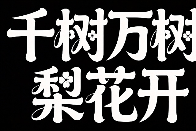 字体设计，横向单排文字"千树万树梨花开"，白字，纯黑色背景，夸张风格，黑体变形，笔画边缘轻盈，夸张的笔画张力和连笔处理，极具艺术感，笔画粗细变化大，每个笔画都带俏皮弧度，用花瓣形代替点笔画，整体体现青春活力，夸张风格，边缘轻盈，笔画边缘拉长，俏皮弧度，富有书法气度，字体与图片边缘保持1cm留白