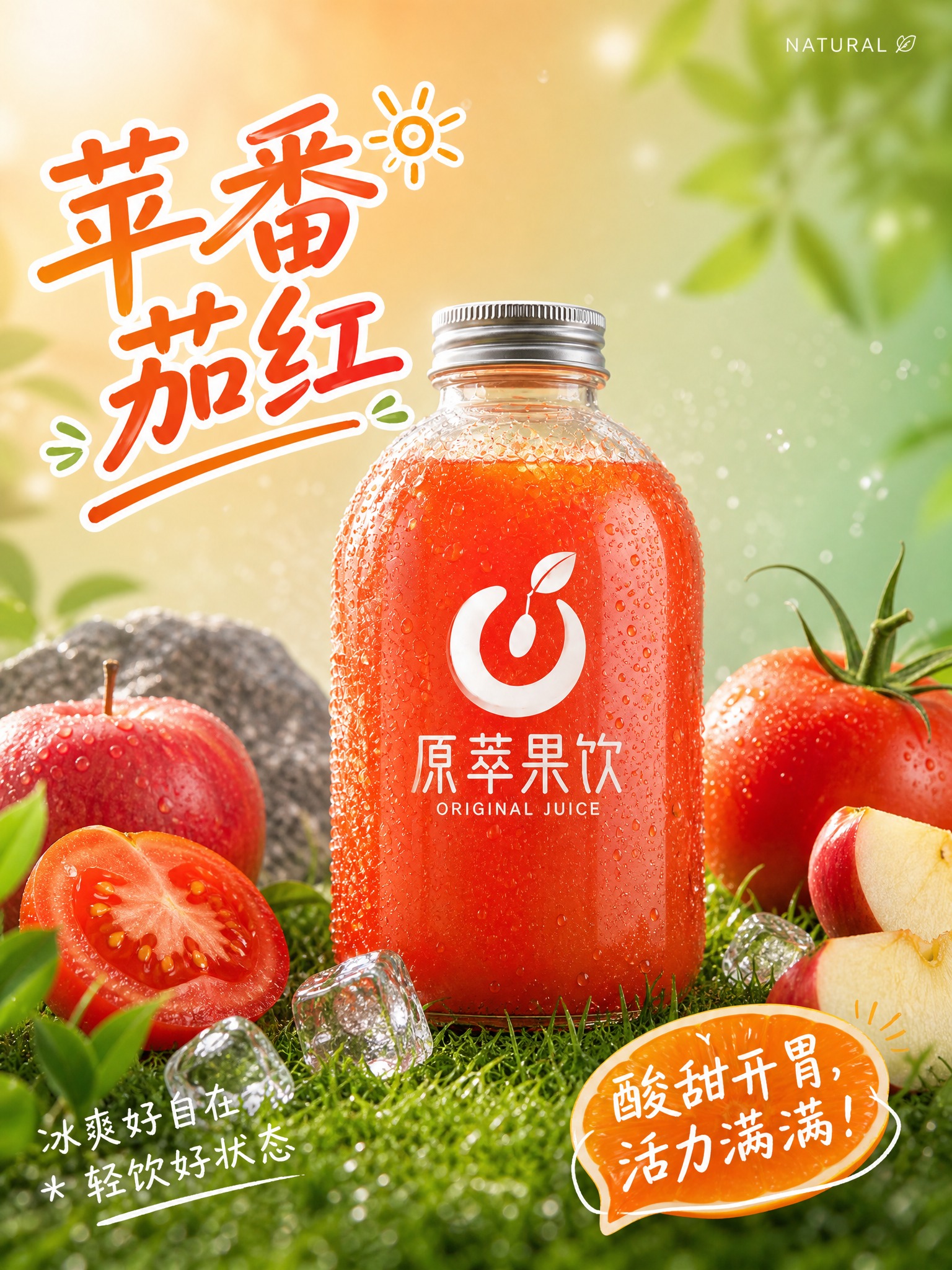 参考图的版式骨架和氛围风格，生成苹果番茄汁鲜榨果汁广告海报。画… - 图片创意预览