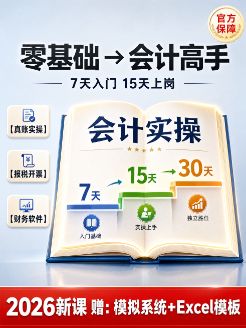 电商主图，拼多多风格，浅蓝灰渐变背景。画面中央是一本发光打开的《会计实操》书，书页上浮现“7天→15天→30天”的阶梯图标。主标题大号粗体：“零基础 → 会计高手”，副标题：“7天入门 15天上岗”。预览效果