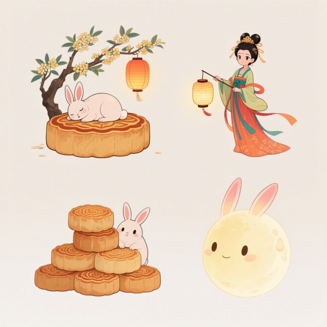 4个中秋素材组合包括：第一个：小兔子趴在一个大月饼睡觉背后桂花树上挂着灯笼；第二个：嫦娥拿着灯笼；第三个：多个月饼堆叠兔子在月饼堆后面探出头；第四个：月亮拟人有一对兔子耳朵。浅色背景，上下两行，排列整预览效果