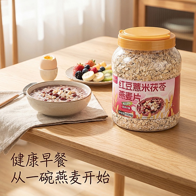 [主图 7] 早餐场景展示，代入生活方式
[氛围/风格] 温馨治愈早餐氛围感，自然光漫射，慵懒晨间感
[画面元素] 桶装产品放在餐桌一侧，搭配一碗冲泡好的燕麦粥、一个鸡蛋和一小碟水果，整体呈现完整健康早餐场景，产品包装与原图完全一致，背景为北欧风格浅木色餐桌，阳光从侧面照射进来，营造舒适晨间氛围
[配色色系] 暖调自然色彩，木色浅棕、食物自然色搭配产品红粉色，整体温馨治愈
[视角构图] 斜侧俯视，场景化构图，层次丰富，自然透气
[文字版式] 左下角文字：「健康早餐 从一碗燕麦开始」（深棕色手写风格字体），文字不遮挡产品主体，融入场景氛围
[比例分辨率] 1:1比例，2k分辨率